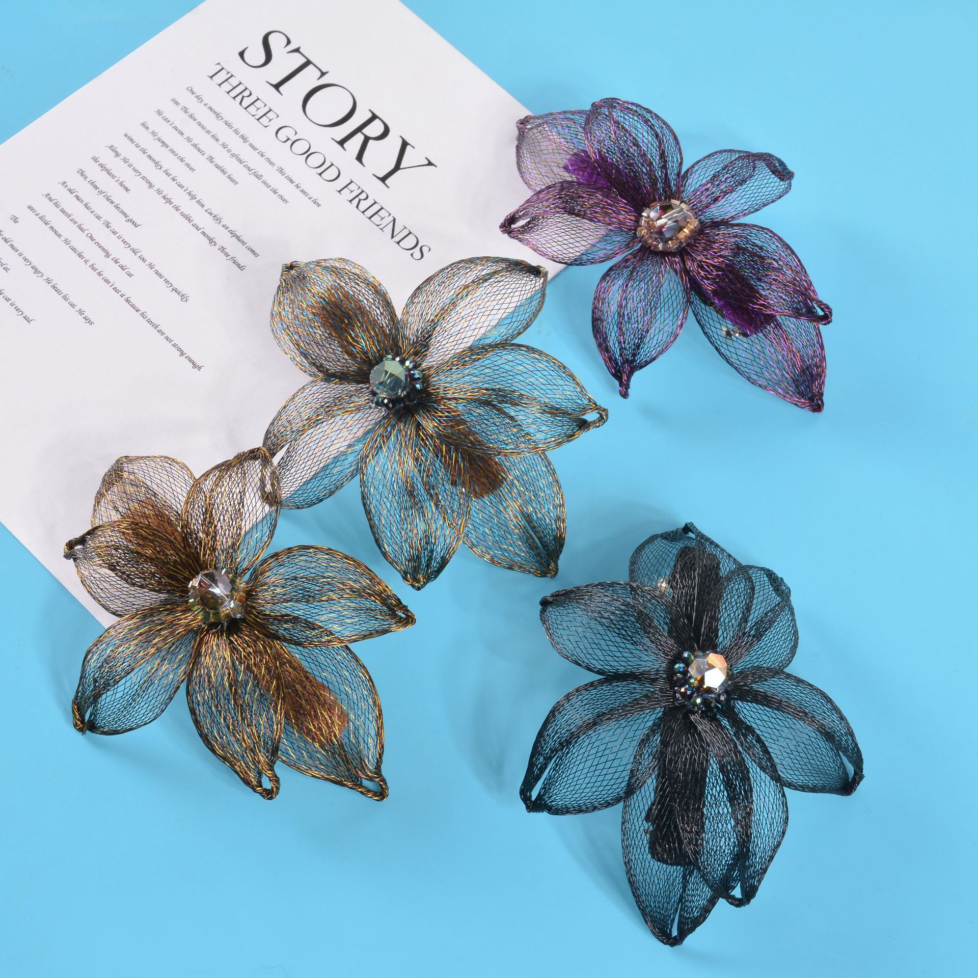 韩版时尚手作编织铜丝压发马尾夹横夹水晶花朵diy女士饰品发夹