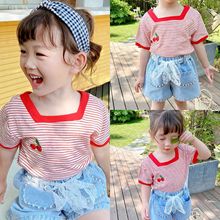 儿童樱桃刺绣体恤女童夏天条纹短袖上衣3-8岁童装一件代发