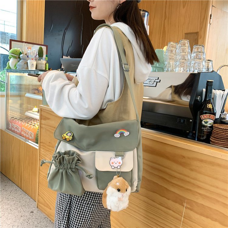 Japanese Ulzzang College Style Fresh Creative Drawstring Contrast Color Cute Student Class Bag Messenger Bag Women's Bag