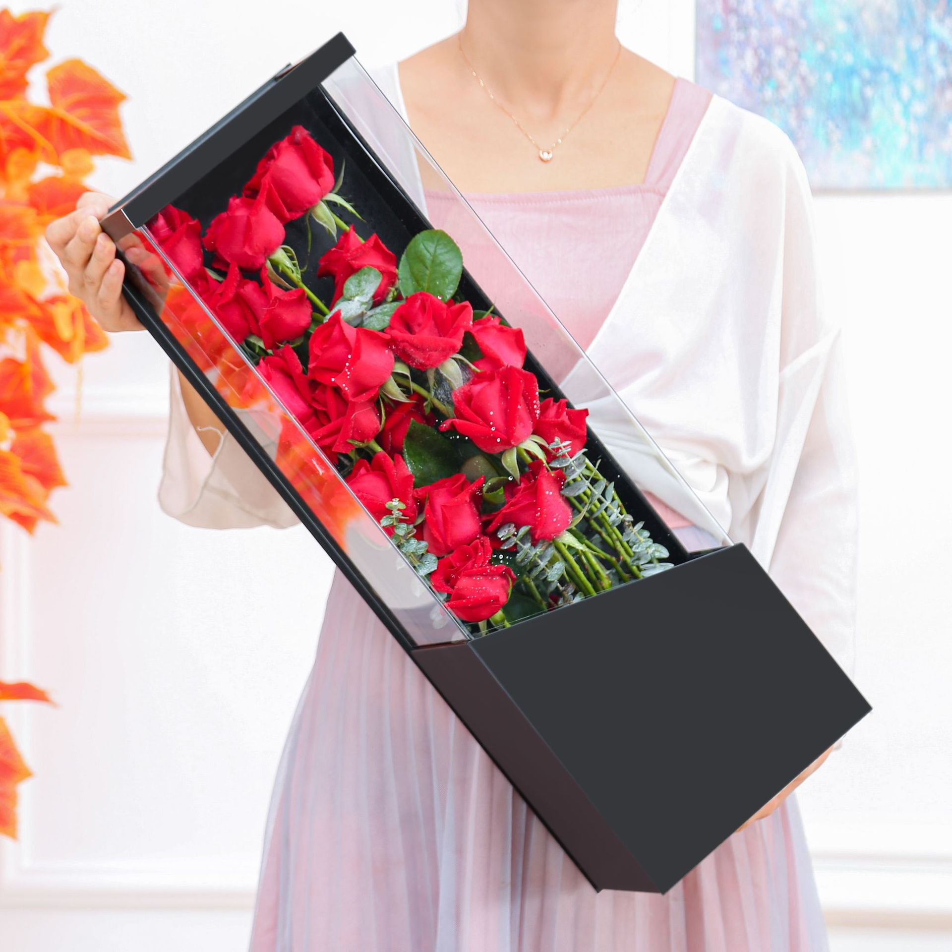 新品亚克力花盒透明长方形鲜花包装盒玫瑰花盒圣诞情人节花束礼盒