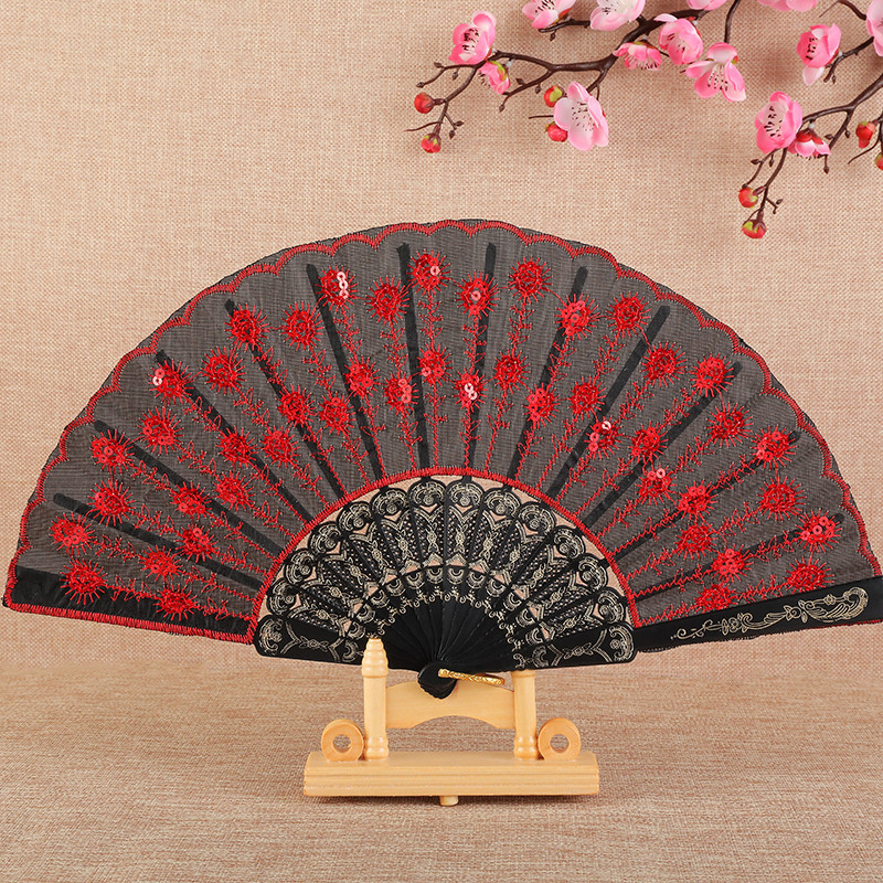 Wholesale Black Stick Sequins Fan Chinese Style Dancing Fan Peacock Tail Fan Sequins Embroidered Fan Spring Chant Fan