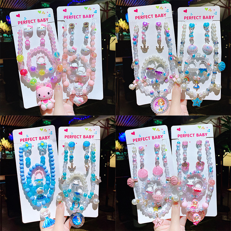 children‘s necklace ornament girls‘ cute princess cartoon ring bracelet suit halter luminous crystal string beads jewelry