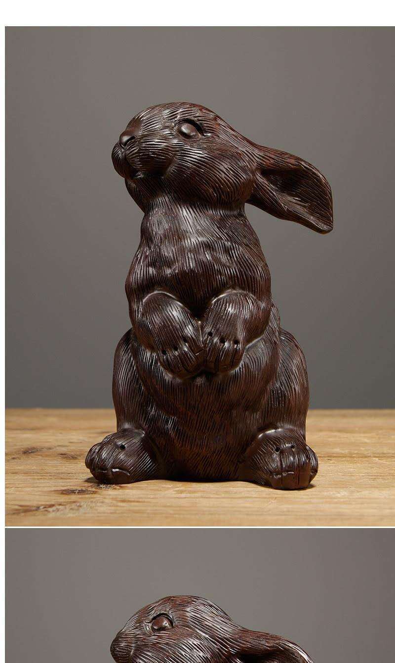 黑檀实木雕刻兔子摆件红木十二生肖可爱兔家居客厅装饰特色工艺品