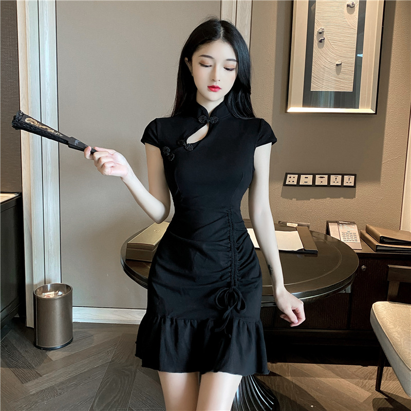 2121女装夜店性感立领盘扣镂空低胸褶皱抽绳鱼尾旗袍裙短袖连衣裙