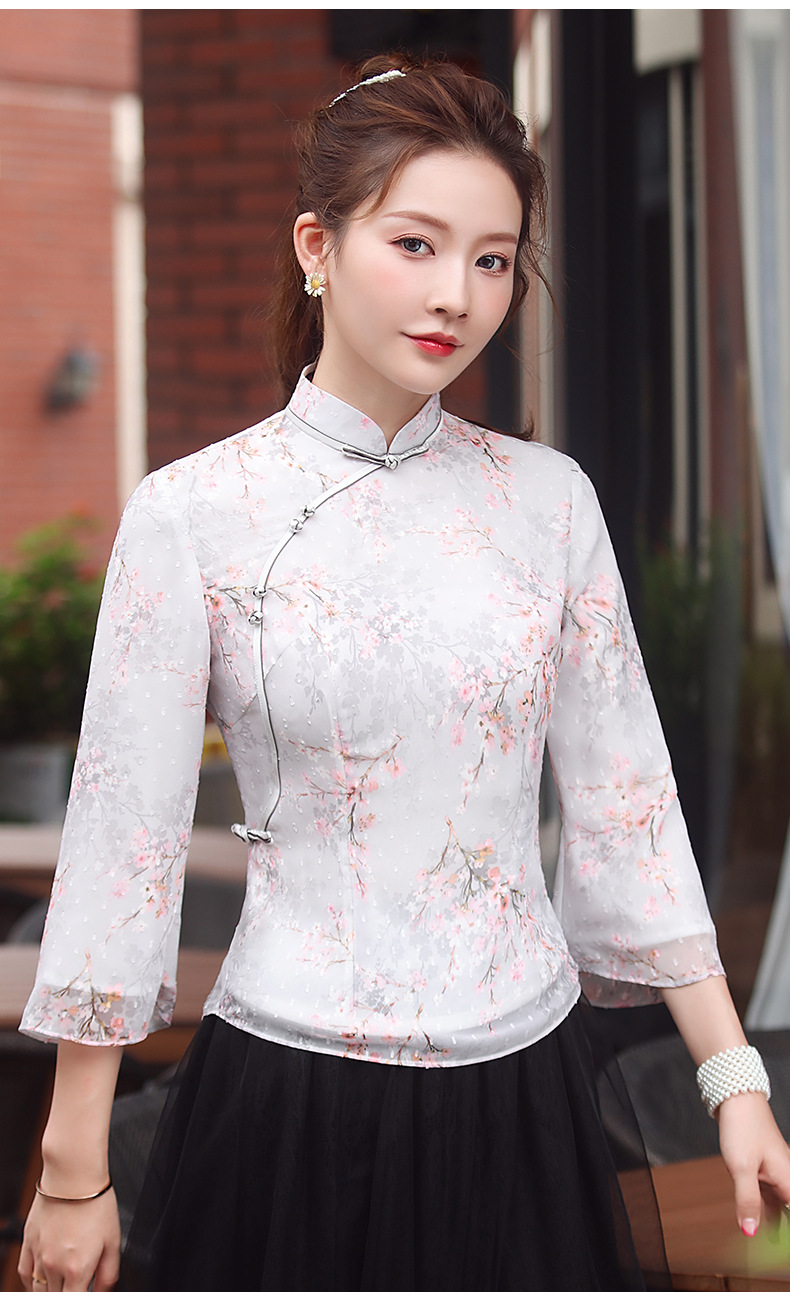 xgt2318雪纺印花中式茶服旗袍唐装上衣