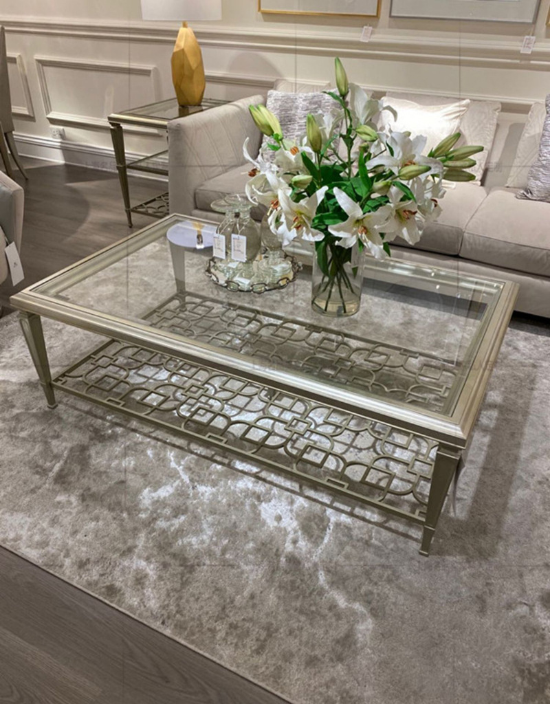 美式客厅实木长方形香槟金茶几轻奢现代不锈钢镂空玻璃面茶几