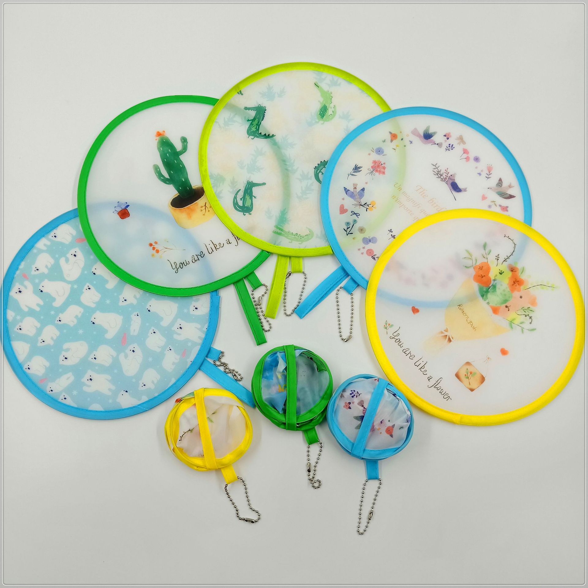 实力厂家折叠圆风扇记忆钢丝慢回弹团扇自动折叠链扇夏季清凉小扇