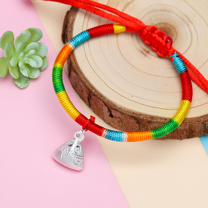 Sterling Silver S999 Silver Zongzi Dragon Boat Festival Colorful Rope Woven Silver Bracelet Children's Baby Bracelet Necklace Activity Gift