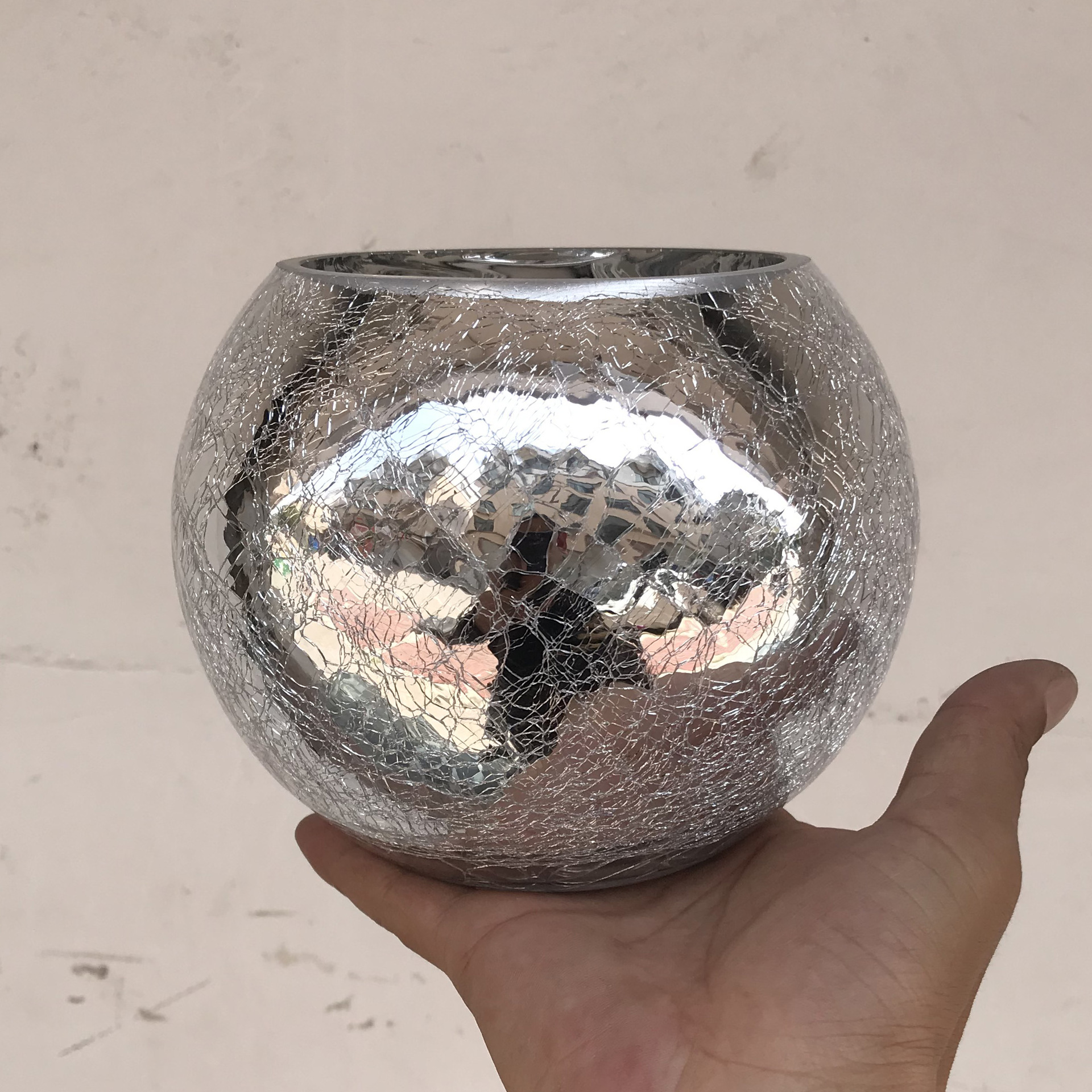 欧式冰花镀银玻璃圆球 彩色创意吹制工艺品玻璃花瓶厂家直销