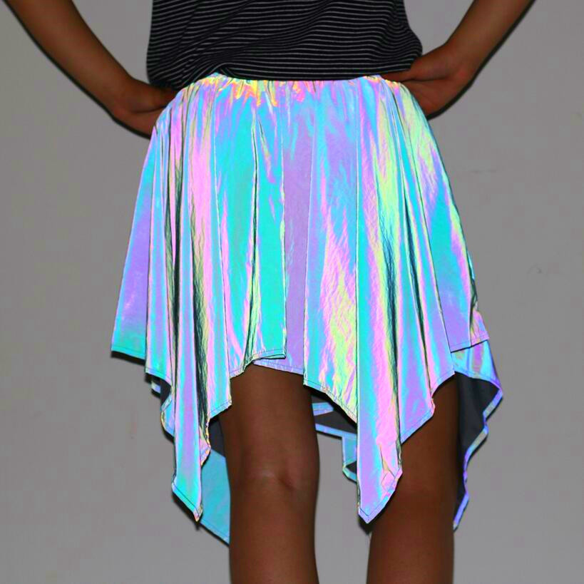 不规则七彩色反光短裙绑带个性夜店嘻哈半身裙可水洗反光高腰裙潮