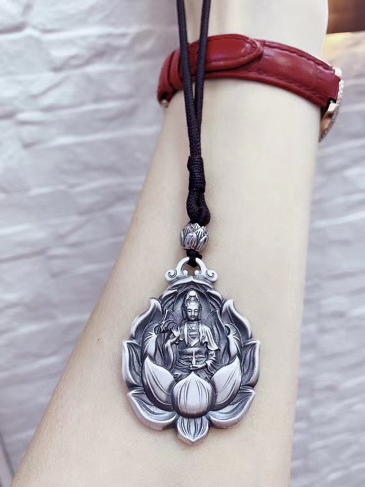 银饰品足银莲花观世音菩萨项链毛衣链吊坠锁骨链挂件挂坠潮人配饰