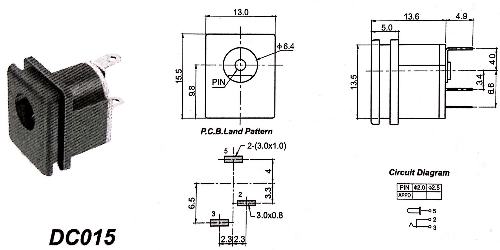 直销dc-015电源插座母座 dc立式直流插口 三脚直插方形面板安装孔