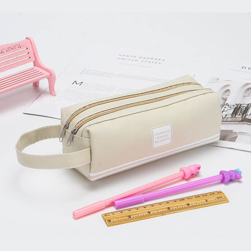 Pen Pencil Case Simple Solid Color Striped Double Layer Stationery Pencil Case Student Creativity Large Capacity Portable Pencil Case Printed Logo