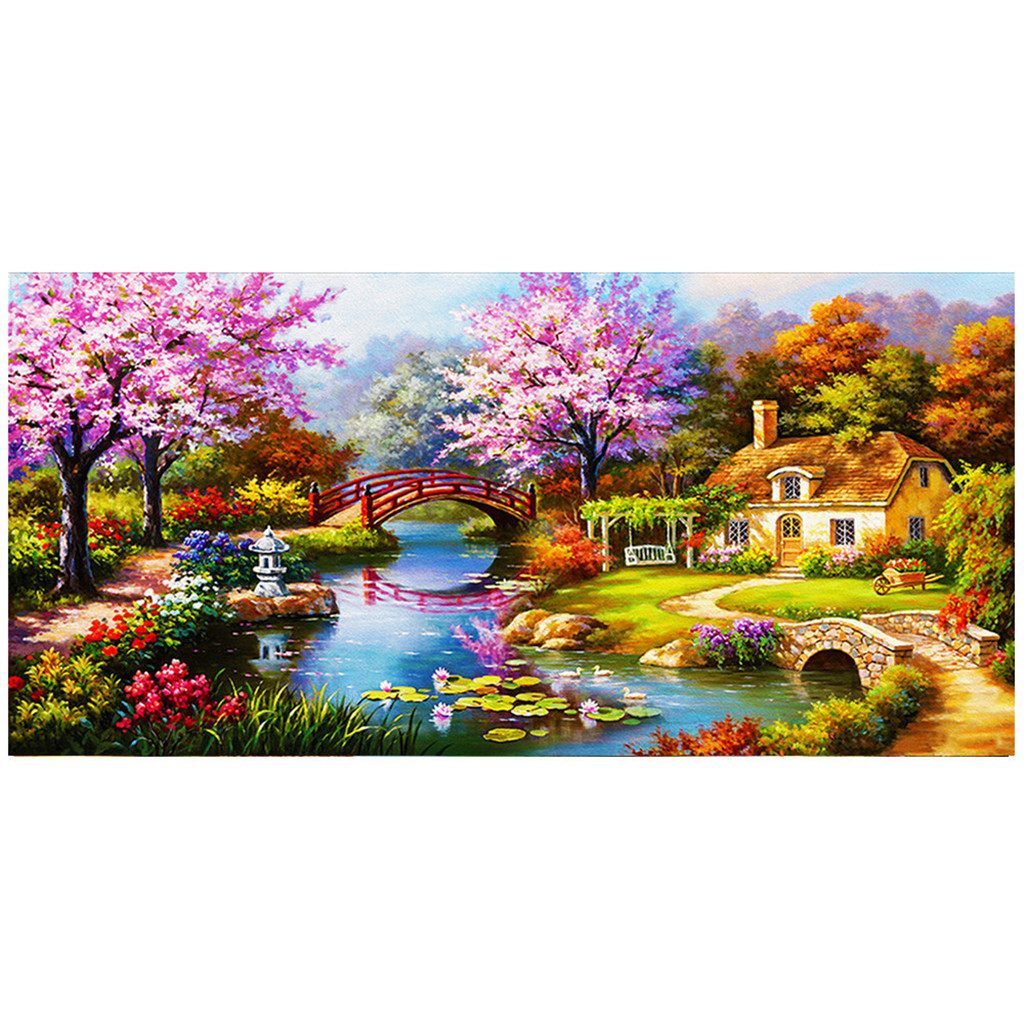 外贸钻石十字绣新款客厅欧式油画花园小屋山水风景画钻石画