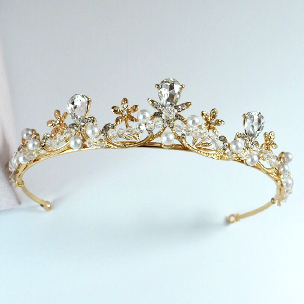新款韩式新娘发饰头饰手工串水晶花卉生日王冠简约镶钻小皇冠配饰