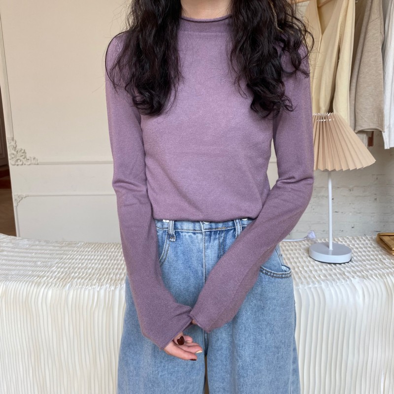 秋季2020新款韩版紫色内搭长袖t恤女装修身显瘦半高领打底衫上衣