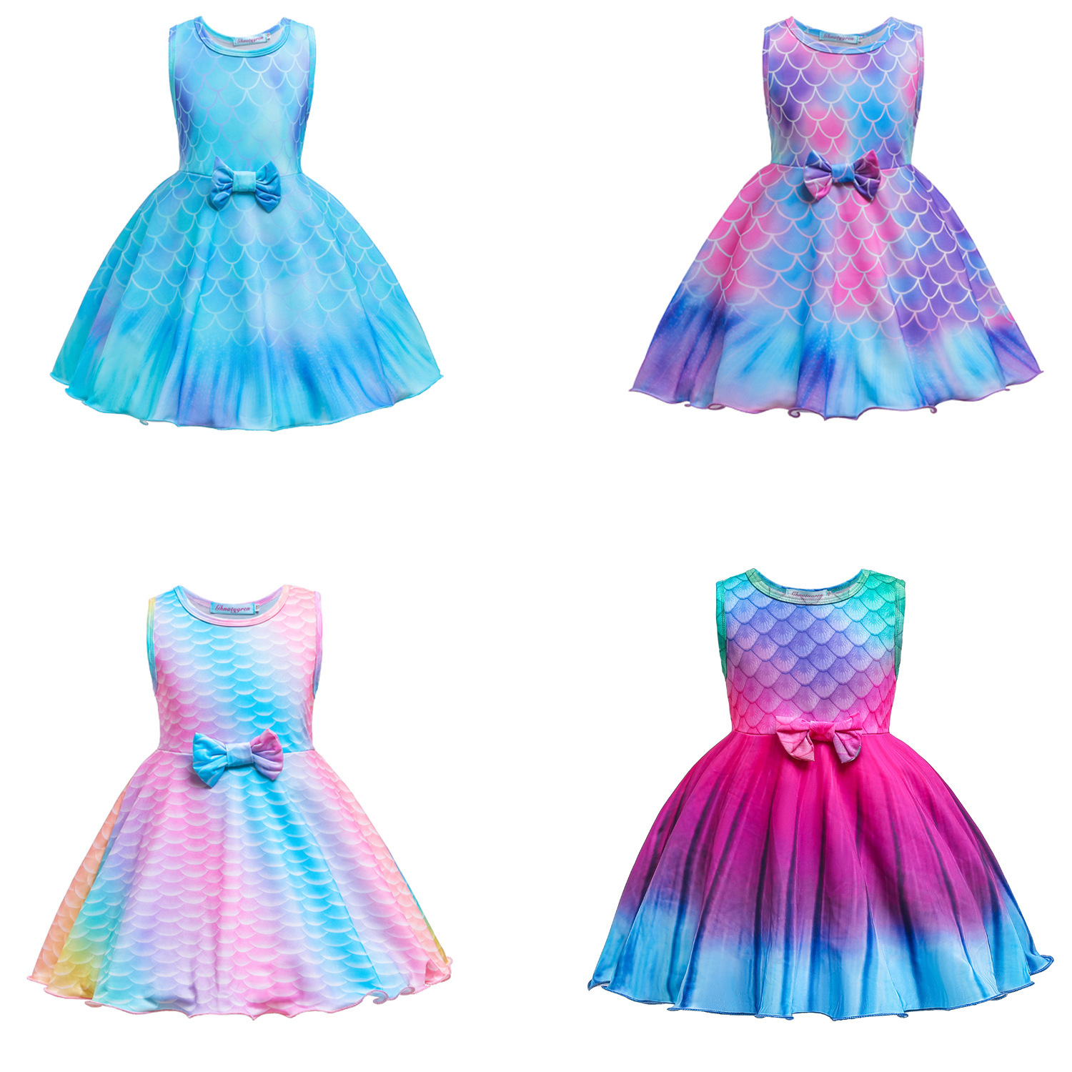 跨境新款女童小美人鱼公主裙爱丽儿短袖连衣裙蓬蓬纱儿童印花夏裙