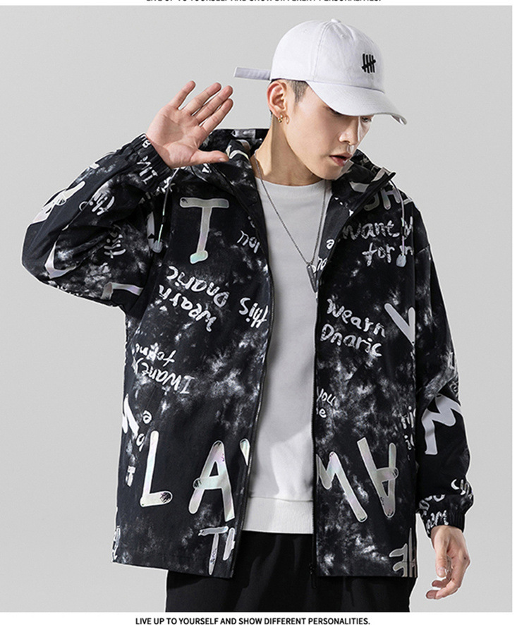 非凡维奇港风潮牌反光夹克男士连帽春秋季痞帅韩版男式外衣休闲外