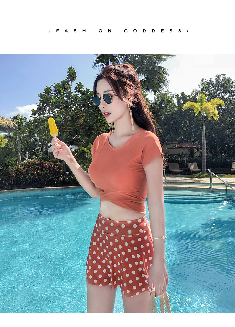 厂家直销泳衣女保守分体平角游泳衣显瘦遮肚短袖运动大码温泉泳装