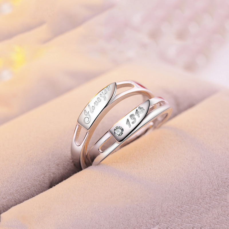 鑫麒简约英文字母情侣戒指爱你一生一世活口指环镶钻1314男女对戒