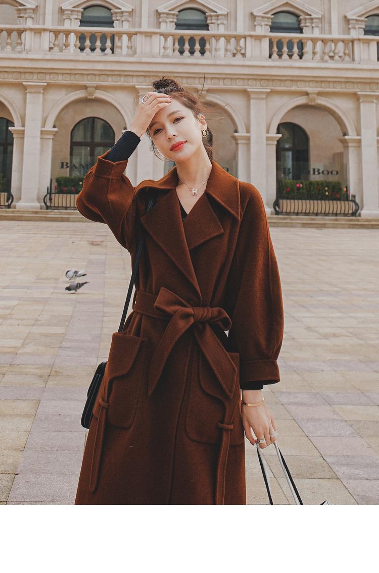 实拍in重工设计感松栗色飘带大口袋收腰系带西装领毛呢大衣外套女