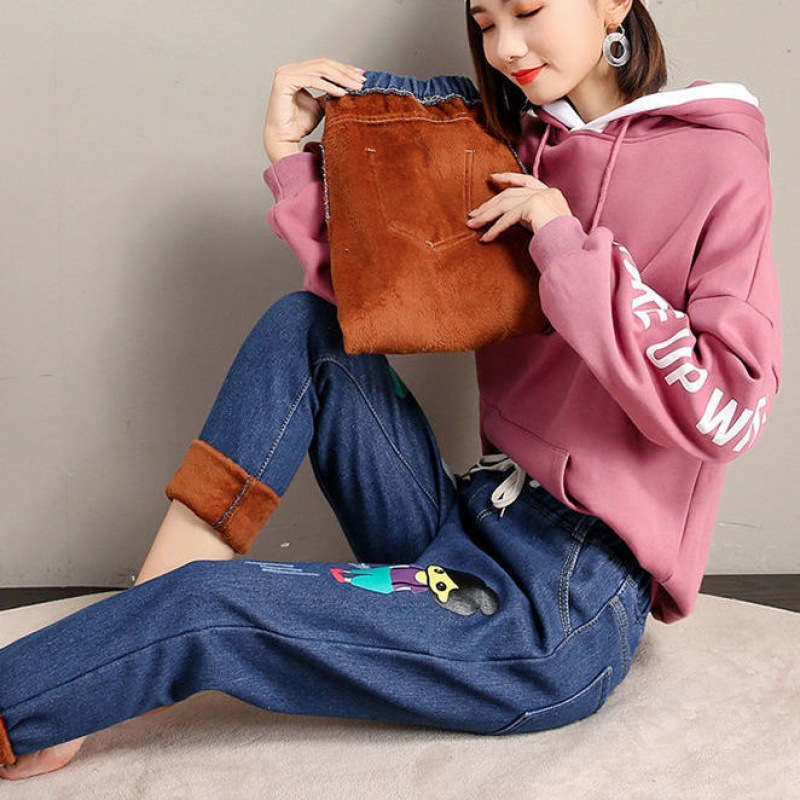 加绒牛仔裤冬少女孩11大童中小学生13加厚14直筒15岁带绒长裤外穿