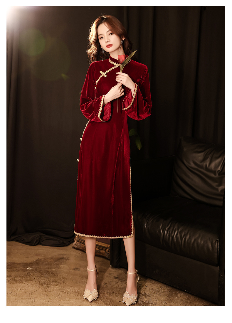 结婚敬酒服丝绒小晚礼服酒红色旗袍款加厚中国风改良版秋冬连衣裙