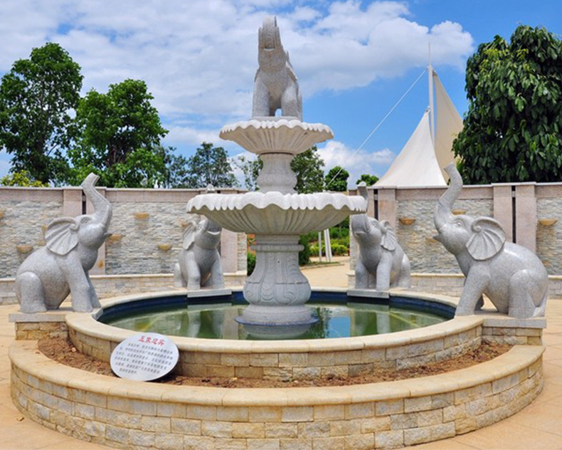 多层石雕大象喷泉户外景观雕塑