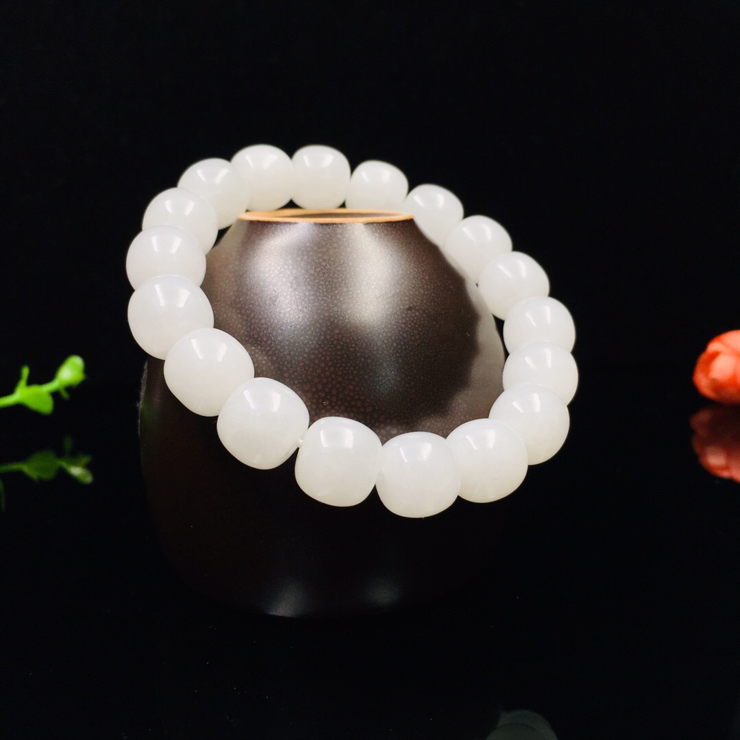 新款新疆白玉老型珠金丝玉手链串 复古男女款单圈玉石手串