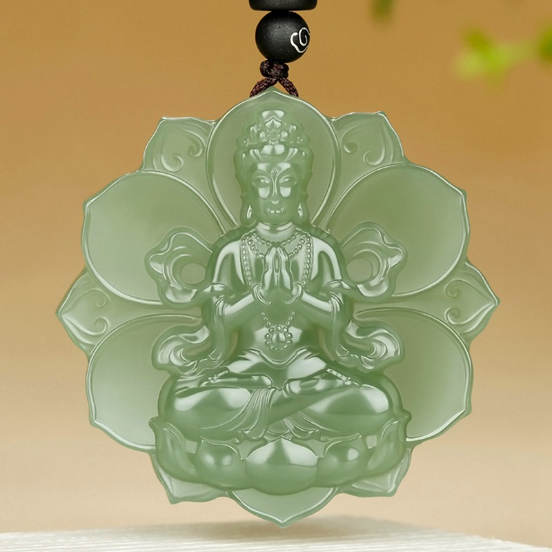 新疆天然和田玉粉青莲花观音吊坠男挂件玉项链玉石玉坠玉牌正品