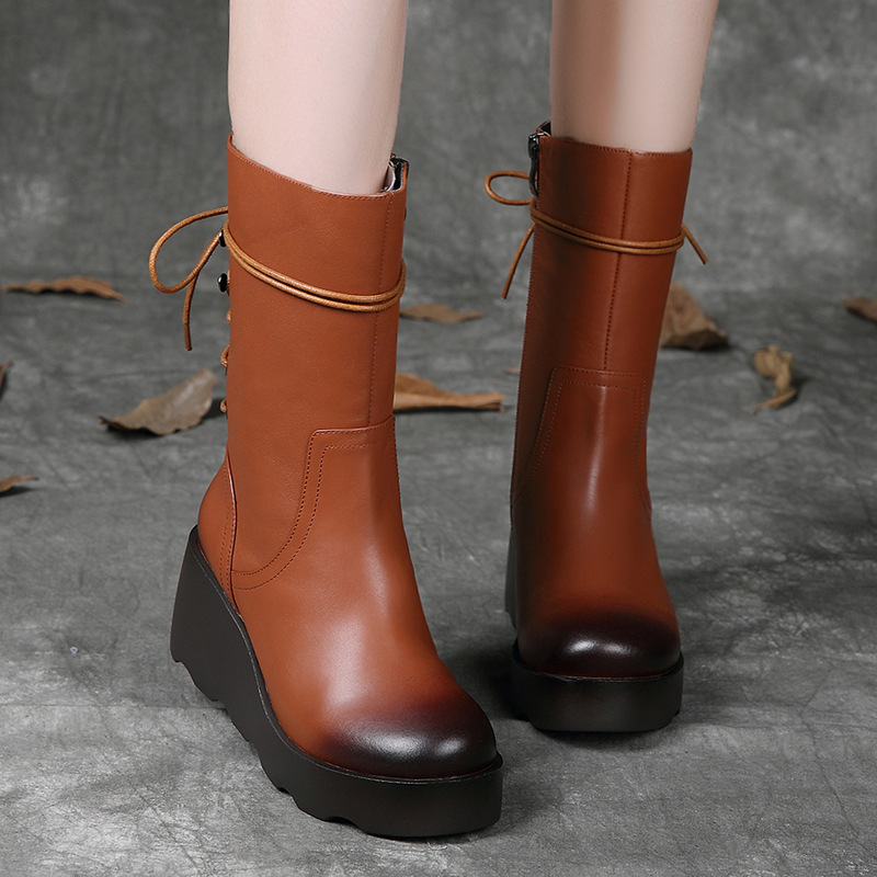 女士真皮中筒靴女2020秋冬机车靴加绒棉靴坡跟厚底增高牛皮骑士靴