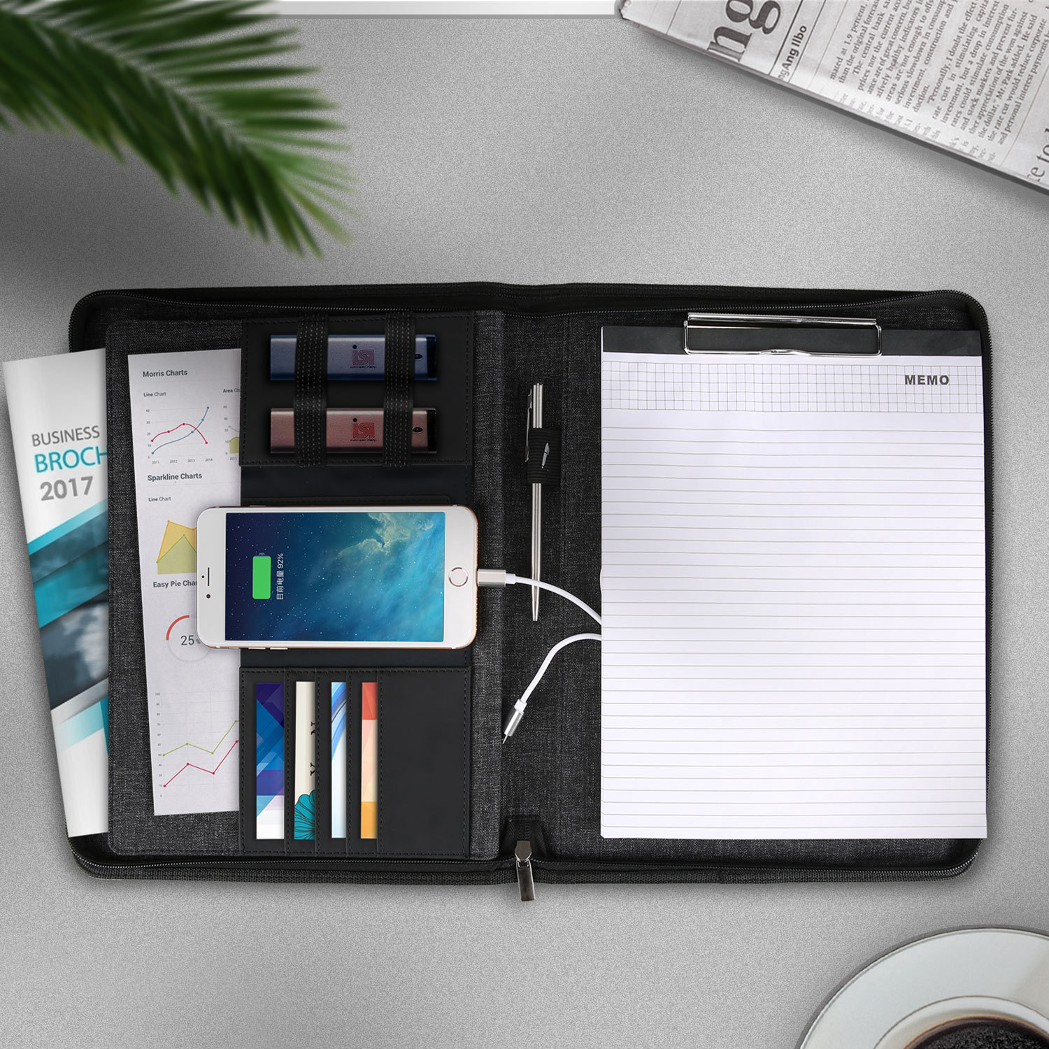 移动电源经理夹会议文件夹a4商务文件夹带移动电源布料公文包厂家