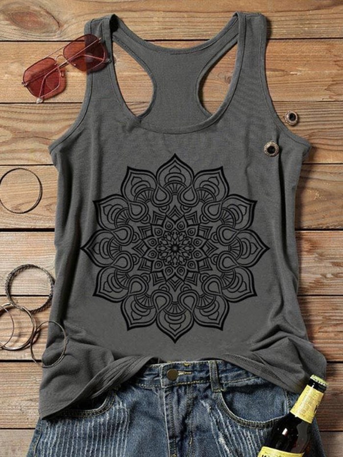 跨境亚马逊ebay欧美时尚曼陀罗印花u字领背心女上衣