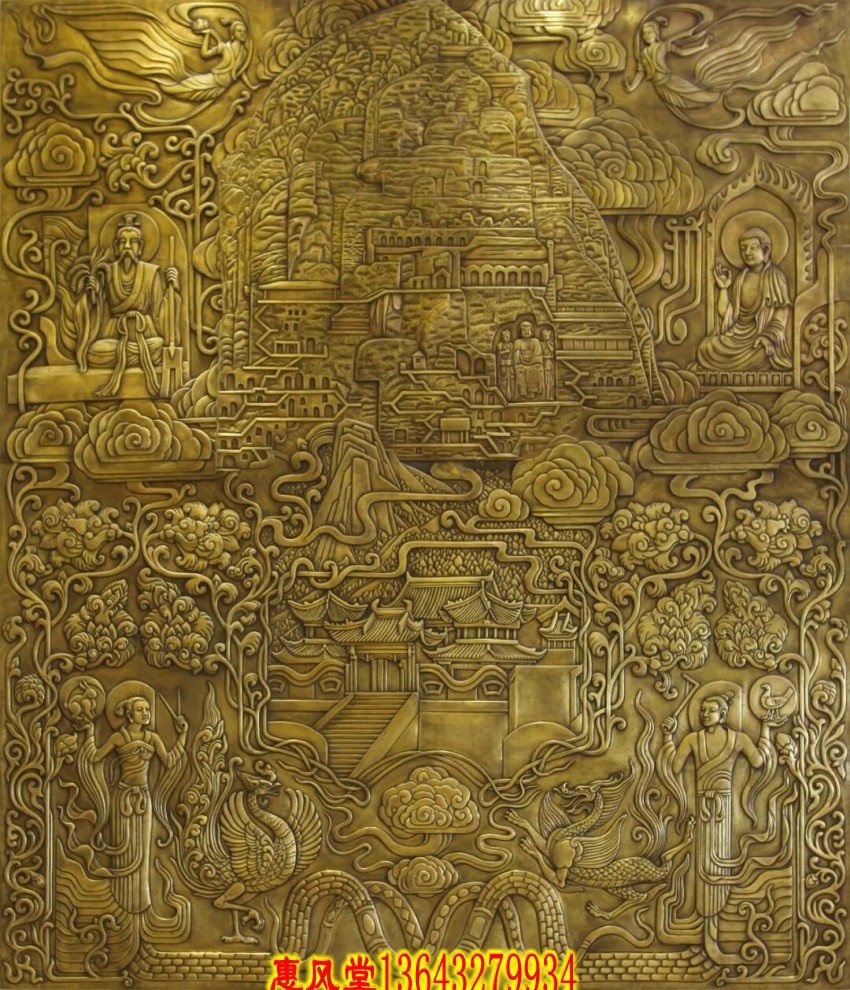 黄铜锻铜浮雕人物花鸟图壁画定制手工錾刻影壁墙背景墙古典装饰画