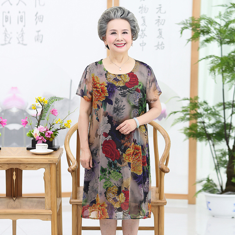 批发妈妈连衣裙女中老年奶奶60岁宽松大妈夏季短袖雪纺老人裙子