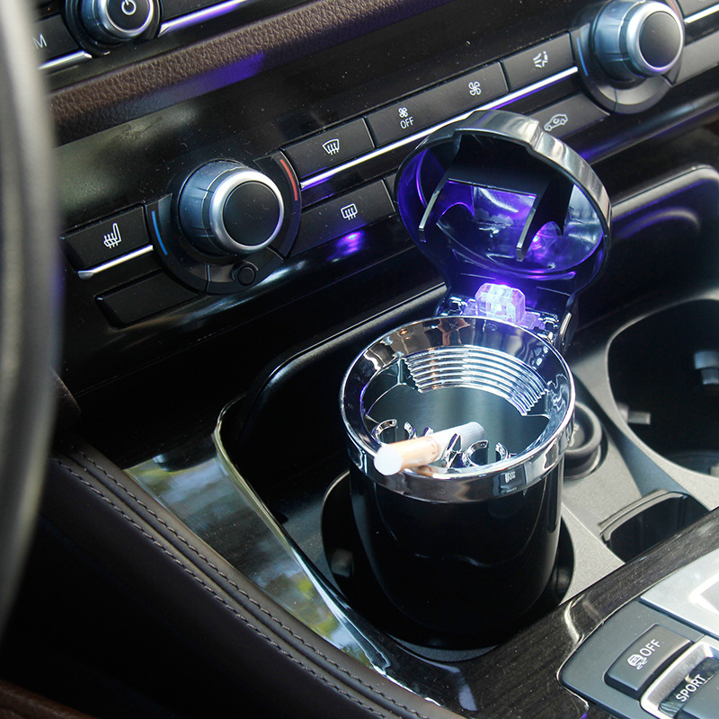 Bright Blue Light LED Light Car Ashtray Metal Tinplate Can with Battery Large Capacity Car Ashtray