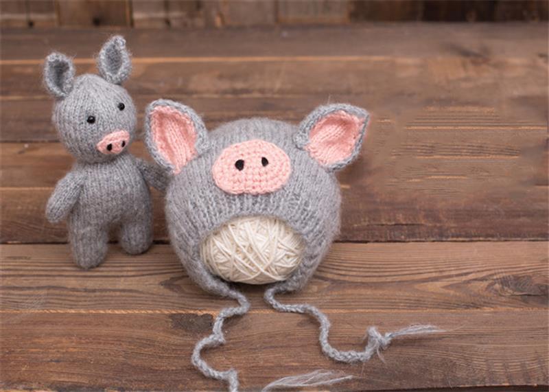 新生婴儿满月百天拍照儿童小猪造型创意手工毛线套装小宝宝摄影服