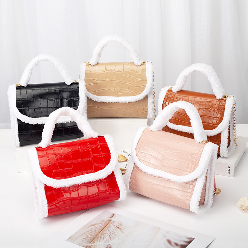 2022 Fall Winter Fashion Fluff Contrast Color Women's Bag Sweet All-Matching Shoulder Handbag Three-Dimensional Stone Pattern Mobile Phone Bag