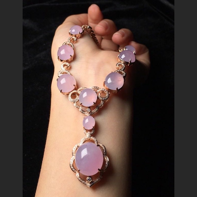 宏开高货翡翠 高冰种紫罗兰翡翠蛋面项链 18k金镶嵌玉石翡翠女士