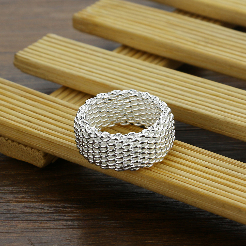 跨境热销编织网软戒指女镀s925纯银日韩版简约指环银首饰工厂批发