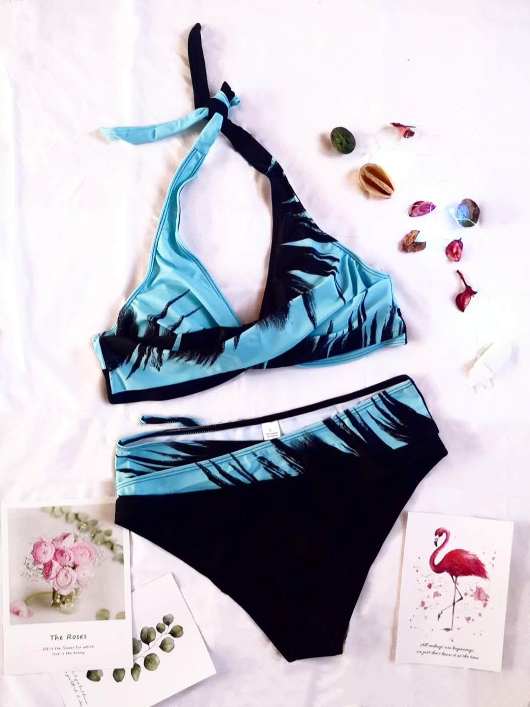 2020新款交叉分体泳衣 沙滩派对性感系带美背印花泳衣