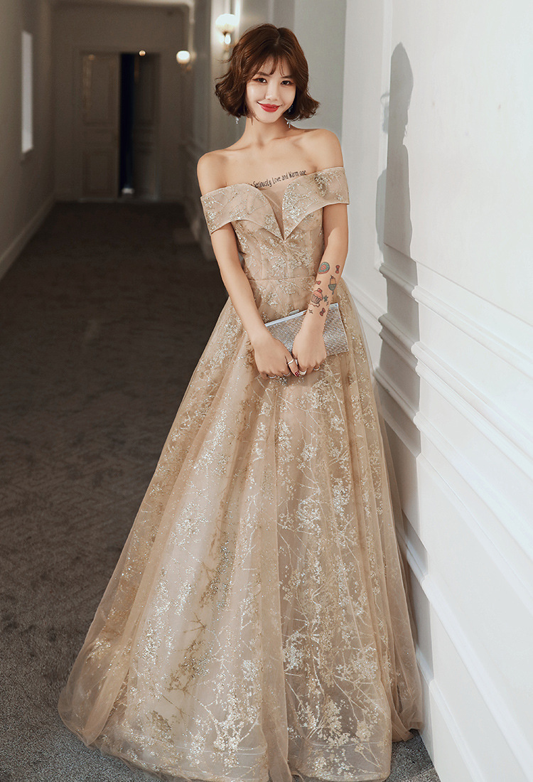 一字肩晚礼服裙女宴会气质长款名媛仙气飘纱香槟色年会连衣裙