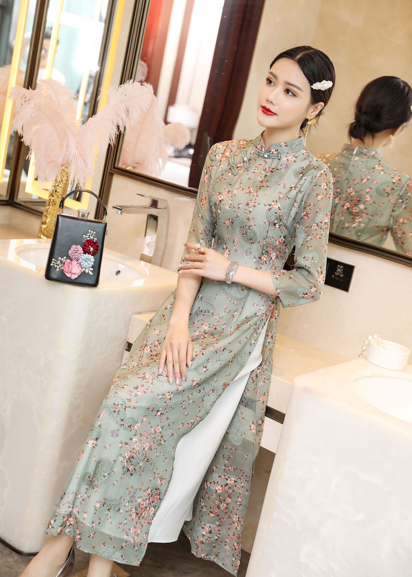 yfn2020春夏新款中式开叉旗袍女印花修身显瘦气质长款旗袍连衣裙