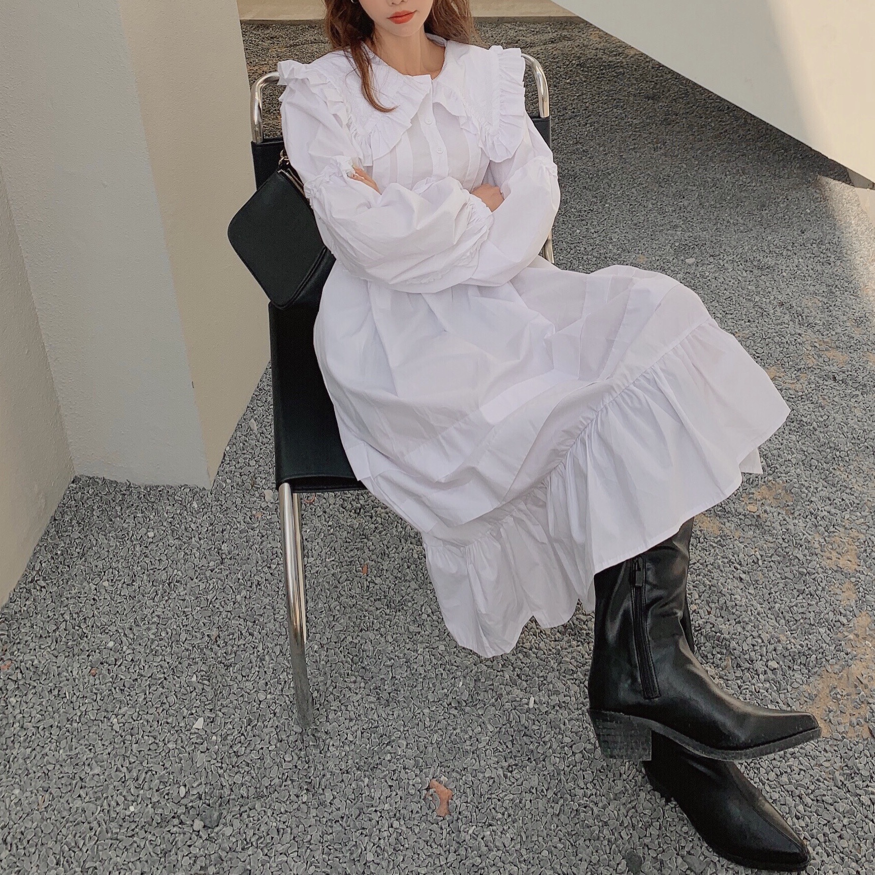 实拍 韩系女装 女式 复古荷叶边大翻领泡泡袖连衣裙