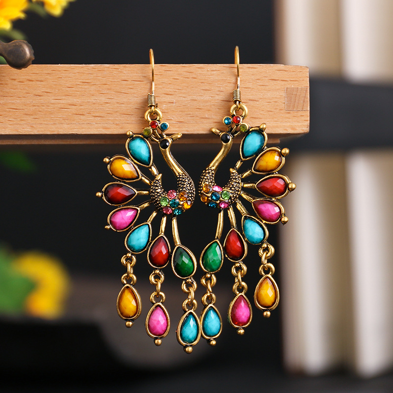 Creative Retro Peacock Ethnic Style Hollow Earrings Personality European and American Earrings Dark Green Diamond Metal Alloy Earrings Wholesale