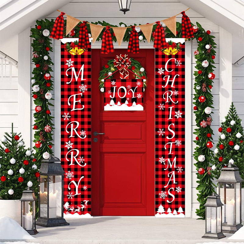 New Christmas Decoration Supplies Red and Black Plaid Door Curtain Hanging Flag European and American Door Hanging Couplet Party Atmosphere Layout