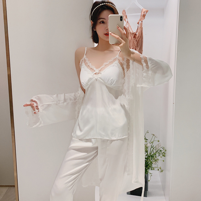 唯美心机女神吊带睡衣三件套冰丝绸带胸垫性感仿真丝睡袍家居服