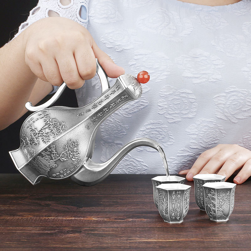 银器 银制品 银礼品 纯银999 银酒具套装 银酒壶 银酒杯 新巧梅兰
