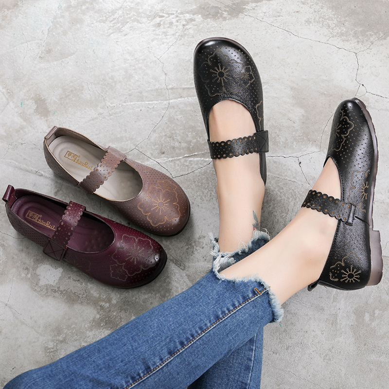 0成交861双莘芮秋季新款真皮牛筋软底妈妈鞋舒适民族风女鞋豆豆鞋平底