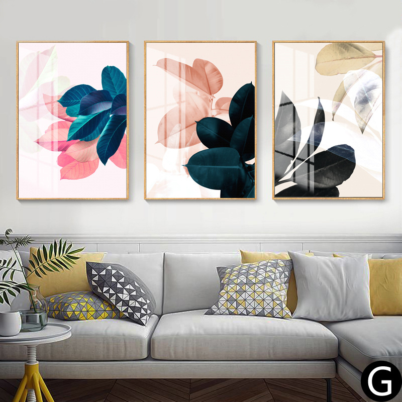 树叶三联画 铝合金框烤瓷镶钻客厅卧室装饰画 植物叶子晶瓷画